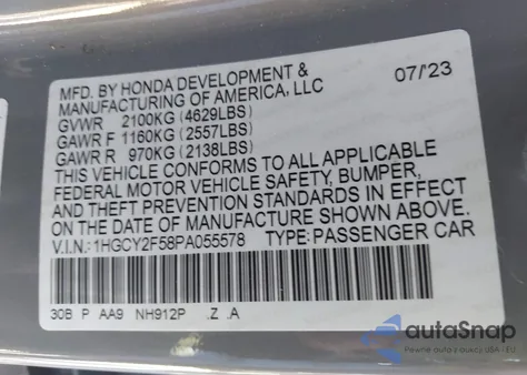2023 Honda Accord Hybrid Sport from USA, damaged, VIN 1HGCY2F58PA055578